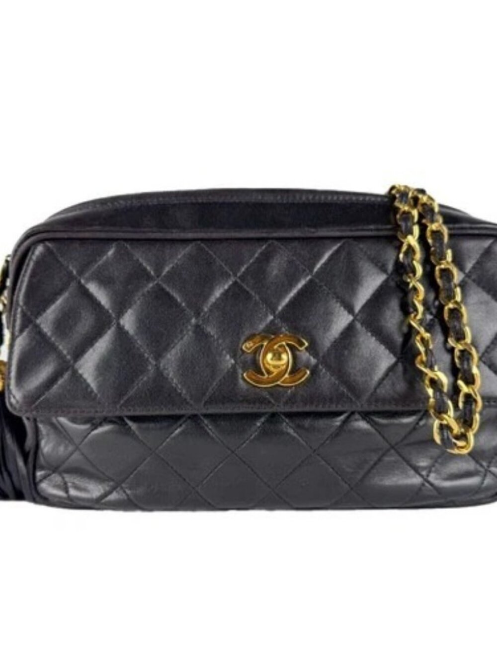 Auth CHANEL Matelasse Shoulder Bag Black/Gold Lambskin/Metal - z10893